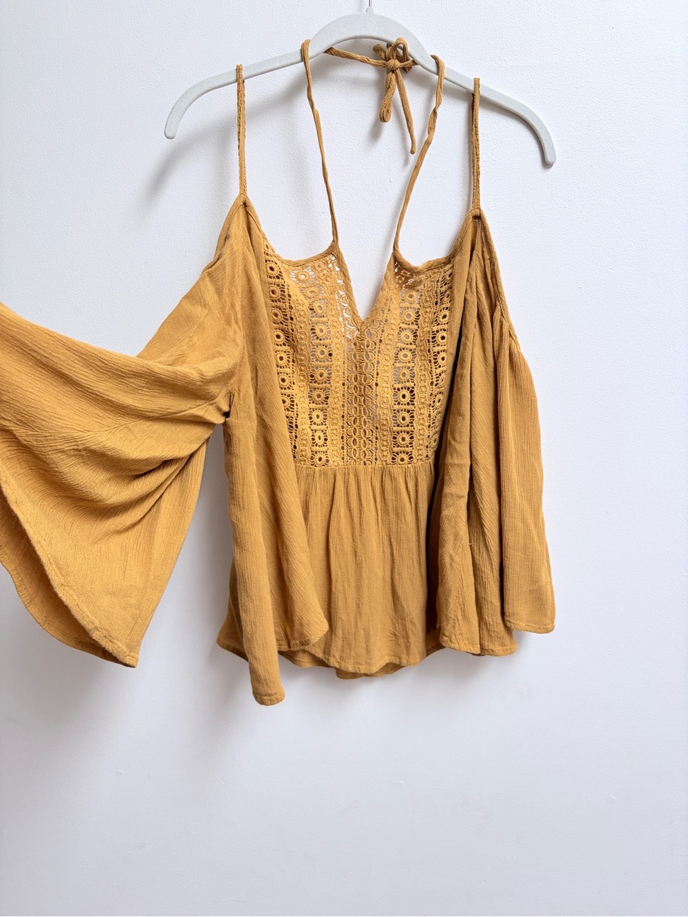 Mustard Crochet Boho Cold-Shoulder Bell Sleeve Crop Open Back Women’s Top